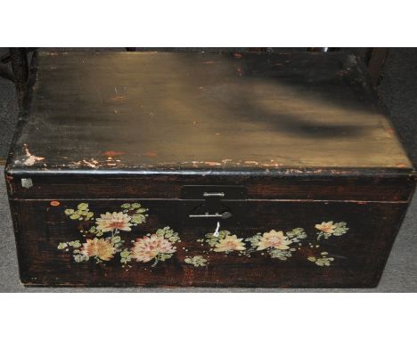 An antique Chinese Gansu province popular wood storage trunk / blanket box / coffer having a red and black crackle lacquer wi