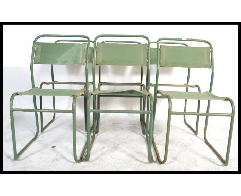 A set of 10 retro&nbsp; vintage mid 20th century village hall - RAF dispersal type stacking chairs / dining mess chairs. Each