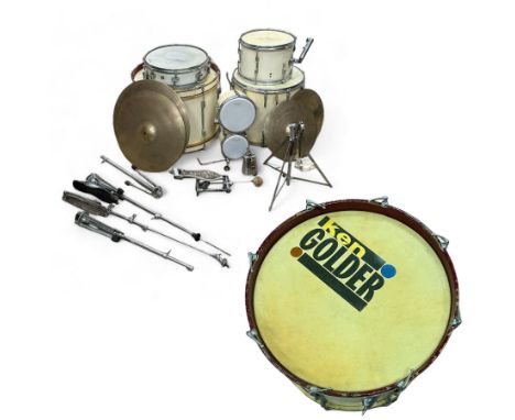 1950s Premier drum kit, owned by Ken Golder the original drummer in the John Barry Seven, comprising bass drum, floor tom, mo