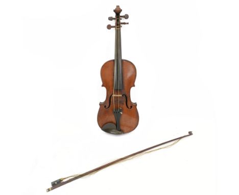 18th century Violin with bow, scroll with ebony pegs, fingerboard and tail piece, body length 60cm in  a fitted hard case. In