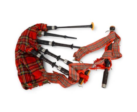 Set of mid 20th century bagpipes, with McLeod chanter, Royal Stuart cover, tassels, ribbons and spare accessories, contained 