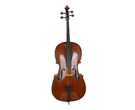 Stentor Student II full size cello, with a solid carved spruce front and maple back, ebony finger board and tuning pegs. With