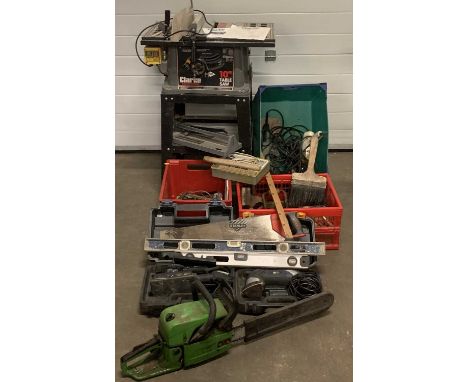 TOOLS ASSORTMENT - an excellent parcel to include Clarke 10ins tablesaw CTS10PLM, sanders, Gardentec petrol chainsaw, block p