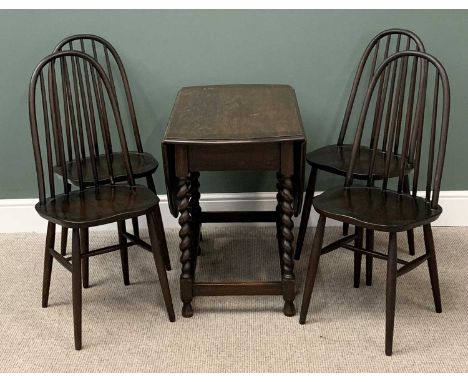 ERCOL - four stickback dining chairs along with an oak barley twist gate leg table, 73cms H, 135cms W, 91cms D (open)