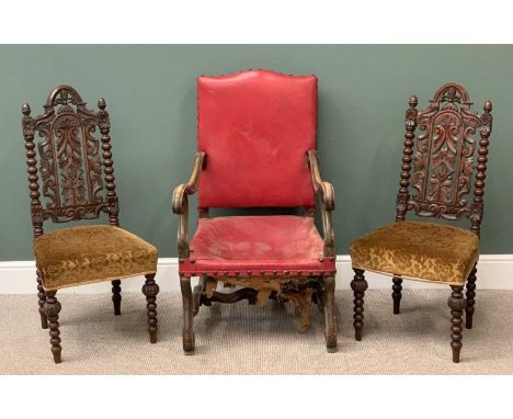 VICTORIAN CARVED MAHOGANY HALL CHAIRS, a pair, on bobbin supports, 105cms H, 48cms W, 40cms D and a similar period elbow chai