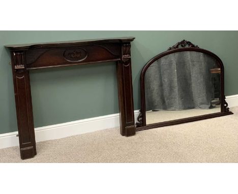 FIRE SURROUND &amp; SIMILAR STYLE OVERMANTLE MIRROR, the surround 110cms H, 131cms W, 27cms D, the mirror with arched top and