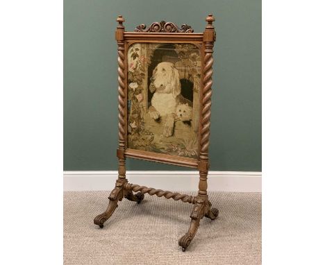 VICTORIAN MAHOGANY FIRESCREEEN with twist side supports and stretcher and tapestry central panel of dogs, 134cms H, 66cms W, 