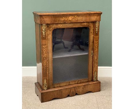 BURR WALNUT INLAID PIER CABINET WITH GILT METAL MOUNTS having a single glazed door and interior shelf, 107cms H, 81cms W, 30c