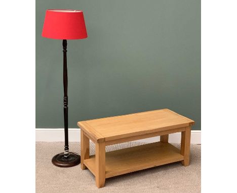 MODERN LIGHT OAK LONG JOHN COFFEE TABLE, 50cms H, 110cms W, 50cms D and a turned column standard lamp with a red shade, 160cm