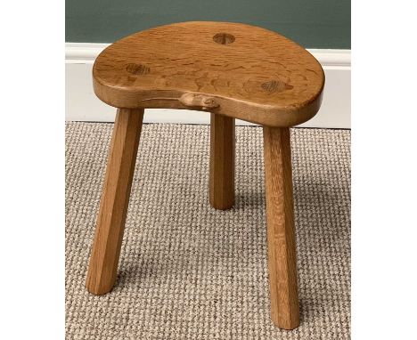 ROBERT "MOUSEMAN" THOMPSON (KILBURN) MILKING TYPE STOOL, light oak, kidney shaped, three legged with carved mouse to the seat