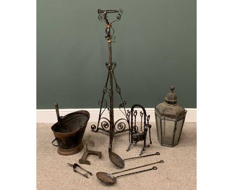 METALWARE - to include rise and fall lamp stand, fire irons, copper helmet coal scuttle, vintage lamp ETC