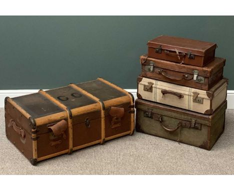 VINTAGE LUGGAGE ASSORTMENT including wooden banded trunk, 35cms H, 86cms W, 54cms D and an assortment of various sized suitca