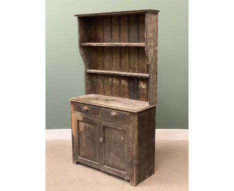 VINTAGE PINE DRESSER with two shelf rack, the base having two drawers over two cupboard doors, 184cms H, 99cms W, 43cms D