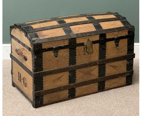VINTAGE PINE DOME TOPPED TRUNK, banding throughout and initials "H G", 60cms H, 93cms W, 52cms D