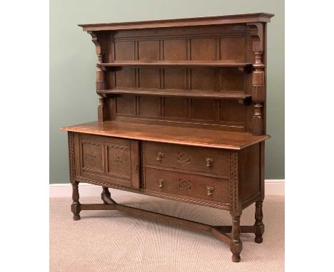 OAK REPRODUCTION DRESSER, the upper section having a two shelf rack with panelled back, the base with single cupboard door an