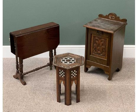 VINTAGE FURNITURE ASSORTMENT to include antique oak coal purdonium, 67cms H, 36ms W, 36cms D, hexagonal topped side table wit