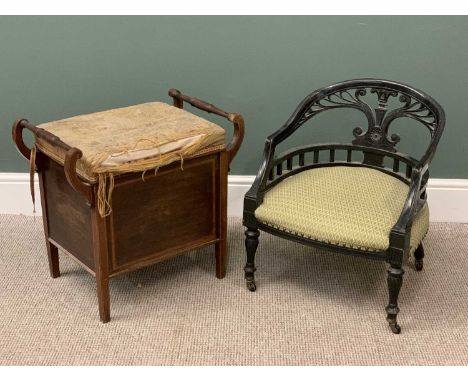VINTAGE FURNITURE (2) - a tapestry topped music stool and an ebonized tub type chair