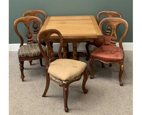 ANTIQUE LIGHT OAK DRAW LEAF DINING TABLE on twist supports, 74cms H, 182cms W, 90cms D (open) and with five similarly styled 