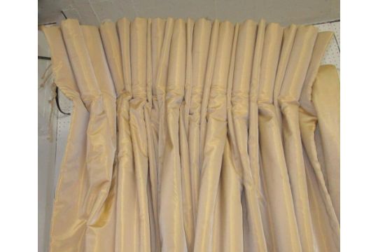 CURTAINS, two pairs, gold, each 145cm W gathered by 237cm drop. (4)
