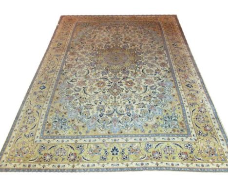 VERY FINE DECORATIVE VINTAGE KASHAN CARPET, 414cm x 306cm, central medallion with palmettes and scrolling vines on an ivory f