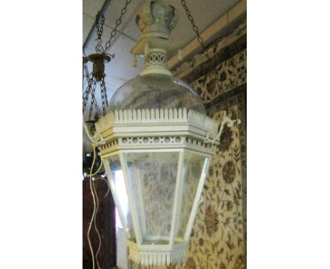 HALL LANTERN, Swedish style, grey painted metal, with glass domed detail to top and tapering hexagonal base, approximately 95