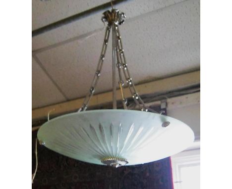 OPAQUE GLASS DISH LAMP, Art Deco design each with polished metal link chains and sunburst detail, each approximately 60cm W x