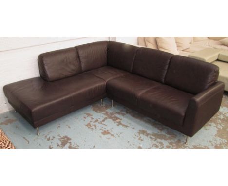 CORNER SOFA, in brown leather on metal supports, 219cm x 202cm.