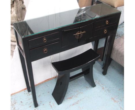 CONSOLE TABLE Chinese style in black lacquer with four drawers and cupboard below, 93cm x 25cm x 92cm high, plus chinese blac