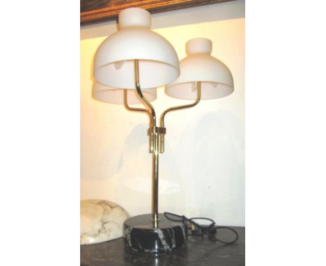 TABLE LAMP, by Azuncia, with three opaque glass shades, gilt metal column and circular marble base, 77cm H (with faults).