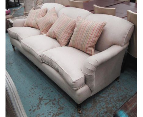 GEORGE SMITH SOFA, three seater, in neutral fabric on square supports with castors plus four scatter cushions, 218cm L. 