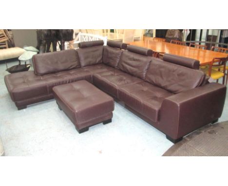 ROCHE BOBOIS CORNER SOFA, in brown leather with ottoman, with an adjustable headrest, 245cm D x 315cm W x 90cm H. 