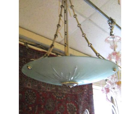OPAQUE GLASS DISH LAMP, Art Deco design each with polished metal link chains and sunburst detail, each approximately 60cm W x