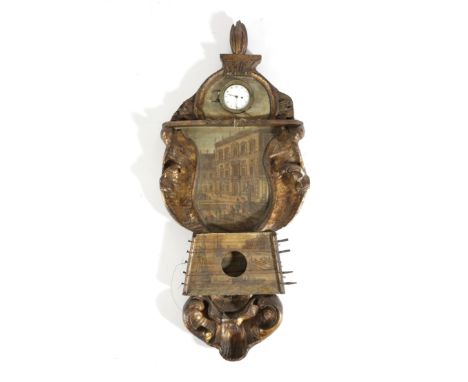 A PAINTED GILTWOOD HANGING WATCHSTAND PROBABLY ITALIAN OR FRENCH, 18TH CENTURY in the form of a lyre, decorated with scrolls,