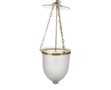 A FROSTED GLASS HALL LANTERN IN REGENCY STYLE with gilt brass bird head mounts and leaf collar, with  'U' shape body etched w