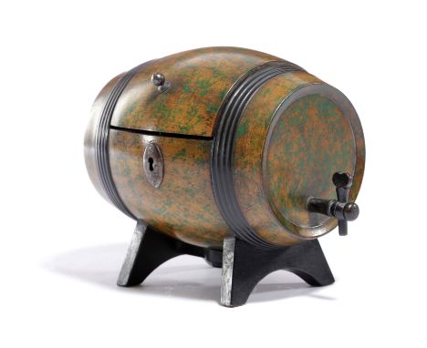 A GERMAN FRUITWOOD NOVELTY BARREL TEA CADDY C.1800 with reeded ebonsied strap bands, with a carved tap and on an integral sta