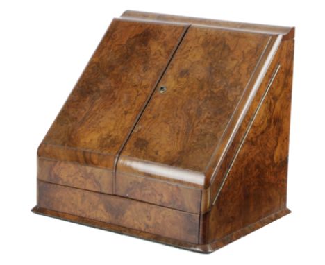 A VICTORIAN BURR WALNUT STATIONERY CABINET BY ASPREY, C.1860 with a pair of hinged doors, revealing divisions for letters, ca