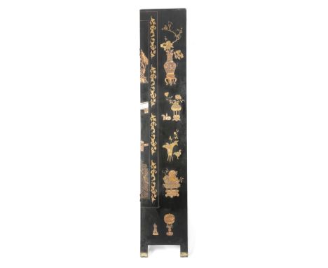 TWO CHINESE BLACK LACQUER SCREENS; IN COROMANDEL STYLE, FIRST HALF 20TH CENTURY each gilt and polychrome decorated with court