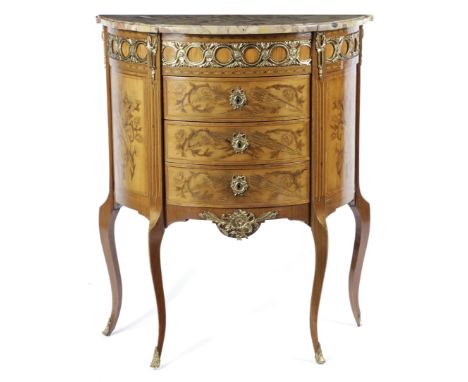 A FRENCH KINGWOOD AND MARQUETRY DEMI-LUNE COMMODE IN TRANSITIONAL STYLE, SECOND HALF 19TH CENTURY with ormolu mounts and inla
