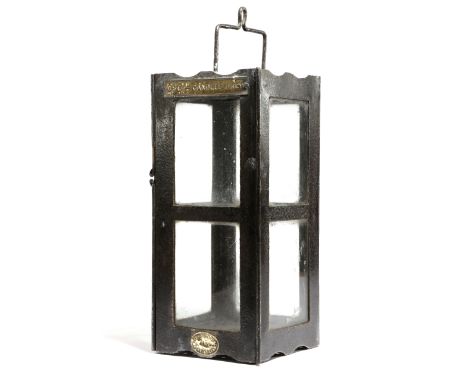 A SHEET IRON MINER'S HANGING LANTERN BY HINKS &amp; SON, EARLY 20TH CENTURY of rectangular form, with glass panels and a hing