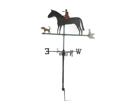 A FOLK ART PAINTED SHEET METAL AND IRON HUNTING WEATHER VANE EARLY 20TH CENTURY with a huntsman on horseback, accompanied by 