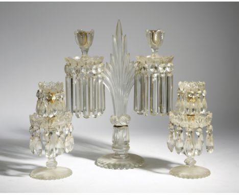 A PAIR OF CUT GLASS TABLE LUSTRES 19TH CENTURY each with two tiers hung with faceted pear shapes, with gilt brass nozzles and