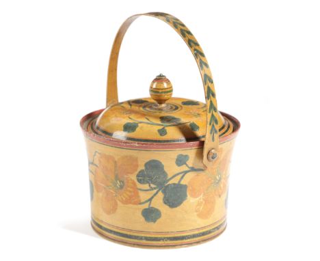 A REGENCY WHITE WOOD TUNBRIDGE WARE BASKET EARLY 19TH CENTURY of cylindrical form, painted with leaves and flowers, the lid w