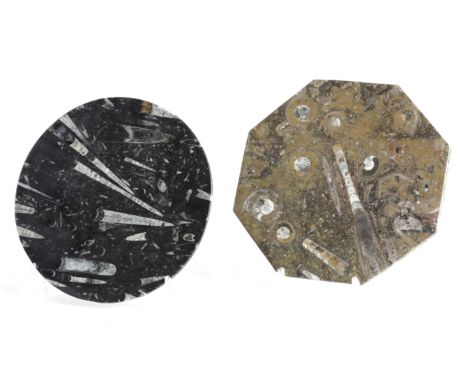 TWO MOROCCAN POLISHED FOSSIL STONE / MARBLE  PLATTERS 20TH CENTURY one octagonal, the other circular (2) 32.5cm (max)