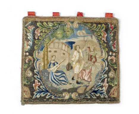 A SILKWORK AND METAL THREAD PICTURE PROBABLY GERMAN OR DUTCH, 18TH CENTURY worked in coloured silks, depicting a courting cou