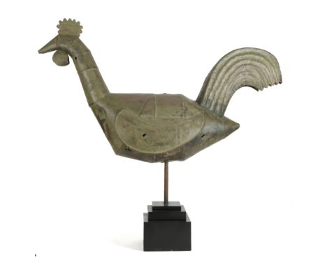 A FRENCH FOLK ART NAIVE COPPER COCKEREL WEATHER VANE EARLY 20TH CENTURY painted green, later mounted on an ebonised wood step