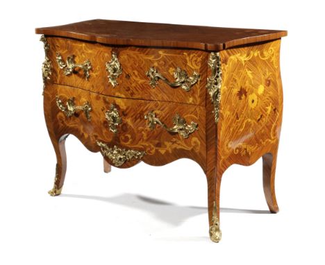 A FRENCH KINGWOOD AND MARQUTRY BOMBE COMMODE IN LOUIS XV STYLE LATE 19TH CENTURY with ormolu Rococo handles and mounts, inlai