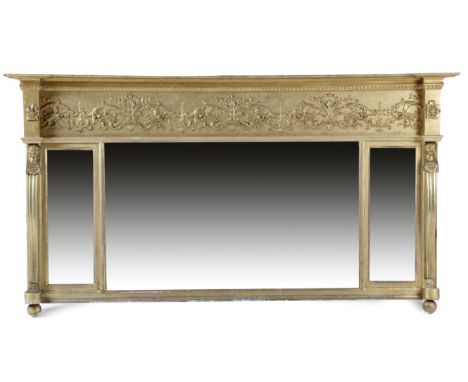 A REGENCY GILTWOOD AND GESSO LANDSCAPE OVERMANTEL MIRROR EALY 19TH CENTURY the triple rectangular plates flanked by Egyptian 