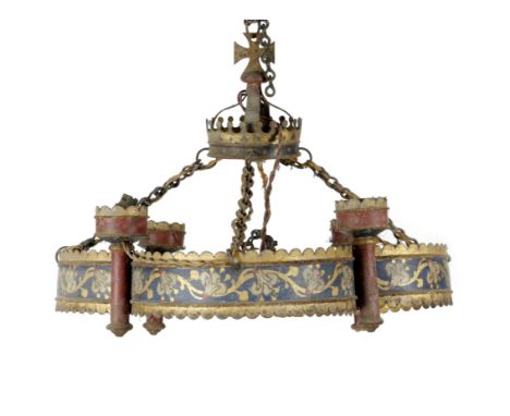 A PAINTED TOLE CHANDELIER IN GOTHIC STYLE IN THE MANNER OF WILLIAM BURGES, 19TH CENTURY painted with bands of flowers, with f