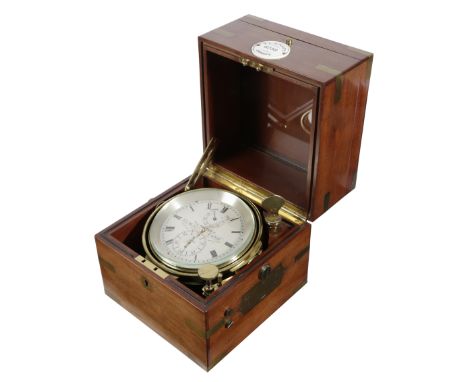 λ A 19TH CENTURY MAHOGANY TWO DAY MARINE CHRONOMETER BY T.L. AINSLEY, C.1870-80 the brass fusee movement with a split bi-meta