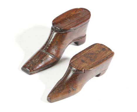 TWO TREEN SNUFF SHOES 19TH CENTURY each with brass tack inlay and sliding covers, one decorated with a love hearts, the other